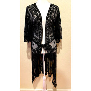 Shein Long Sheer Lace Duster Tie Front Black Goth Boho Bell Sleeve Swim Cover OS